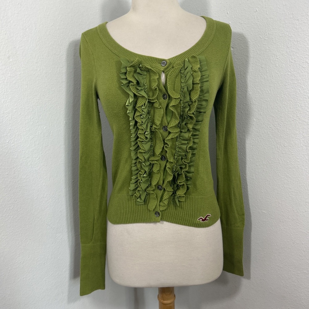 Hollister Cardigan Sweater XS Green Ruffle Office Siren Bella Swan Twilight Core